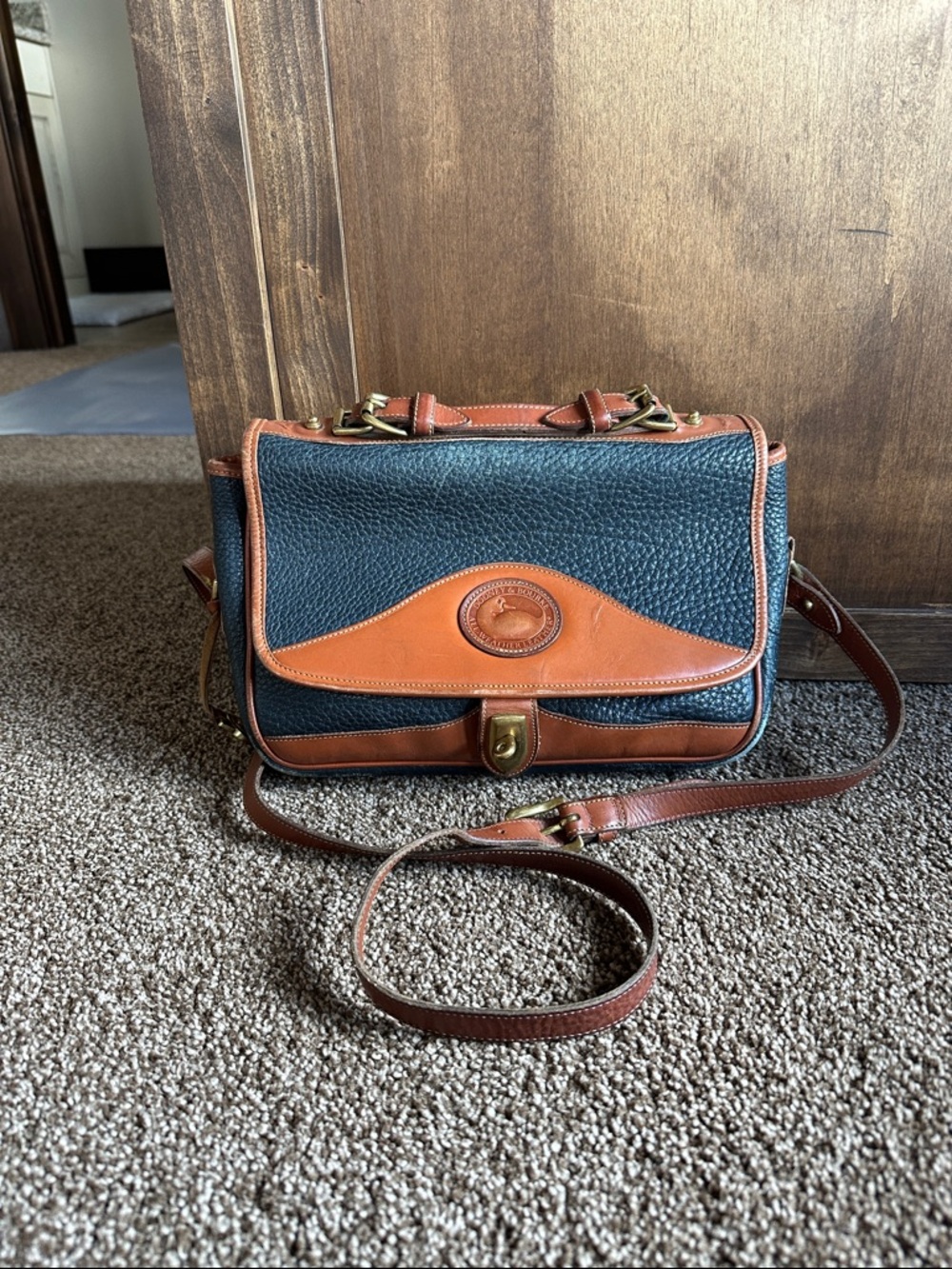 Dooney & Bourke Navy Pebbled Leather Crossbody with Brown Trim-Vintage